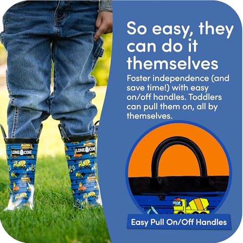 LONECONE Rain Boots with Easy-On Handles in Fun Patterns for Boys and Girls, Play-Proof Flexible Rubber, Durable Non-Slip Treads, Kid-Friendly for Hours of Joy - Construction Monsters, 10 Toddler