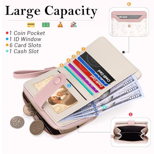 Image of BIAOTIE Wallet for Women Cute Floral Flower Wallet RFID Credit Card Holder Purse Small Bifold Zipper Coin Pocket Purse with ID Windows (Rose Pink)
