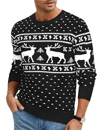 Uniexcosm Suéter Navidad Hombre, Jersey Navideño Punto Alce Copo de Nieve Suéter de Navideño Manga Larga Pullover de Punto con Cuello Redondo Cómodo para Navidad Negro L