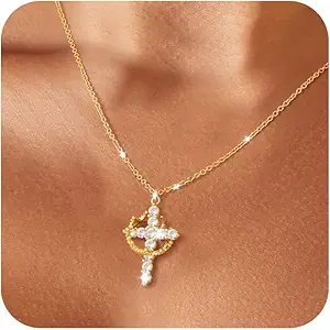 Cross Necklace for Women - Dainty Necklaces Trendy Small 14K Gold Plated Hypoallergenic Infinity Crown Cross Cubic Zirconia Pendant Box Rope Chain Necklace for Women Non Tarnish Jewelry Gift