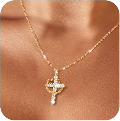 Cross Necklace for Women - Dainty Necklaces Trendy Small 14K Gold Plated Hypoallergenic Infinity Crown Cross Cubic Zirconia Pendant Box Rope Chain Necklace for Women Non Tarnish Jewelry Gift