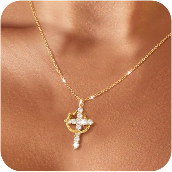 Cross Necklace for Women - Dainty Necklaces Trendy Small 14K Gold Plated Hypoallergenic Infinity Crown Cross Cubic Zirconia Pendant Box Rope Chain Necklace for Women Non Tarnish Jewelry Gift