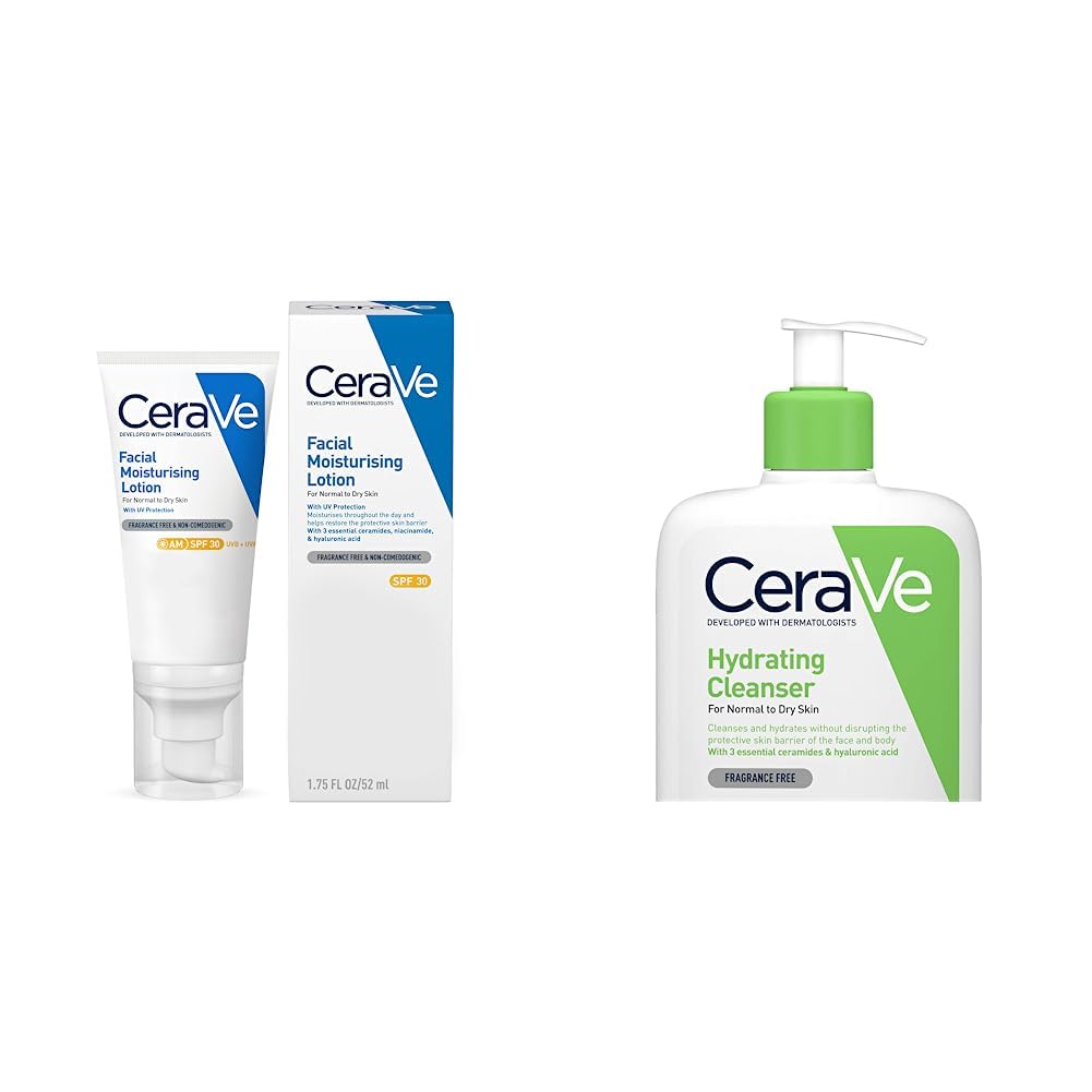 AM Facial Moisturising Lotion SPF30 with Ceramides for Normal to Dry Skin 52 ml & Hydrating Cleanser for Normal to Dry Skin 236 ml with Hyaluronic Acid and 3 Essential Ceramides