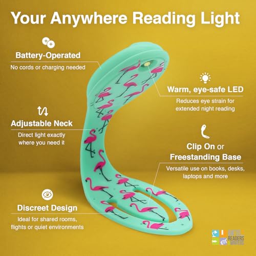 Image of Gifts for Readers & Writers Book Light, Clip On Reading Light for Bed, 2in1 Flexilight & Bookmark, Small & Lightweight with a Soft Glow, 2 Batteries Included, Flamingo