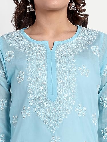 Image of Ada Hand Embroidered Lucknow Chikankari Straight Round Neck Cotton Blend Short Kurti Tunic Top for Women A911333