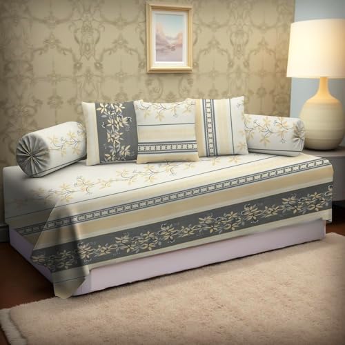 Image of IVAZA 240 TC Soft Ezyption Cotton Diwan Set Covers Cotton 6 Pieces Designer Printed Standard (1 Single Bedsheet, 2 Bolster Covers, 3 Cushion Covers) Gold Cream