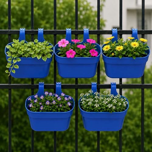 Image of Go Hooked 12 Inch Plastic Railing Hanging Planter Pot Set of 5 | Rectangular Flower Pots with Double Hook for Garden Fence Balcony Indoor Outdoor Home Decor | Durable Plant Container (Blue)