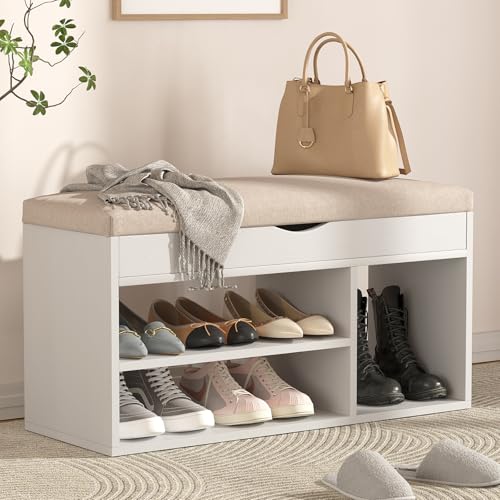 Apicizon 31 Inches Storage Bench with Padded Cushion, Shoe Bench with Storage Space, Upholstered Entryway Bench for Living Room, 2-Tier Shoe Rack Organizer, White