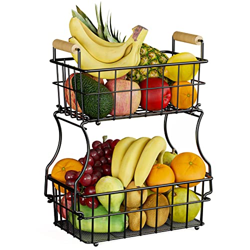 2-Tier Fruit Basket, Heavy Duty Countertop Bread Vegetables Basket, Detachable Fruit Bowl Display Stand, Kitchen Storage Organizer Holder, with Wooden Handle, Black