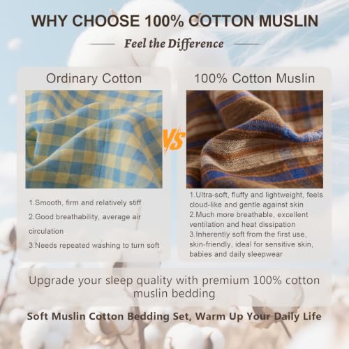 Image of EAVD Vintage Style Brown&Blue Plaid Duvet Cover Full Soft 100% Muslin Cotton Brown Green Blue Grid Checkered Plaid Bedding Set with 2 Pillowcases Reversible Gingham Duvet Cover with Zipper