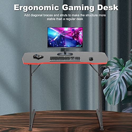 Image of BestOffice Gmaing Desk 35.4in PC Computer Desk Z Shaped Gaming Workstation Ergonomic Gaming Table with Headphone Hook for Home Office, Red