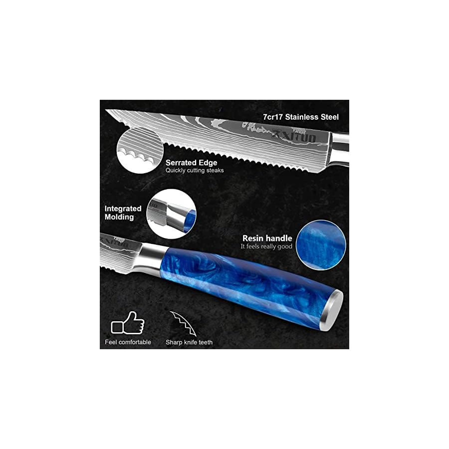 Serrated-Steak-Knife-Set-6pcs-Premium-45-inch-Kitchen-Cutting-Steak-Knives-German-Stainless-Steel-KnifeTable-Dinner-Knife-with-Blue-Resin-Handle-for-Home-Restaurant-Gift-Box Serrated Steak Knife Set - 6pcs Premium 4.5 inch Kitchen Cutting Steak Knives, German Stainless Steel KnifeTable Dinner Knife with Blue Resin Handle for Home Restaurant, Gift Box
