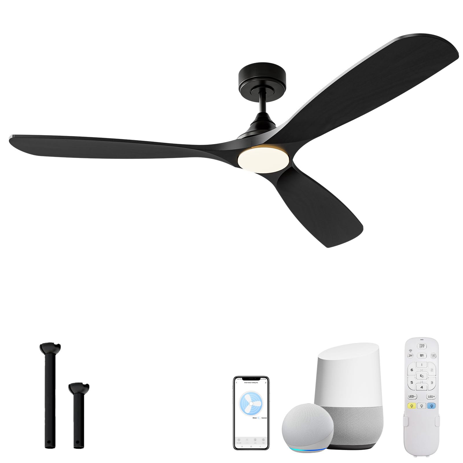 NOPAARD 60 Inch Smart Ceiling Fan with Lights, Solid Wood Ceiling Fan with Remote, Alexa and App Controls, ETL Quiet DC Motor 6 Speed, Timing, High CFM, Dimmable LED Light for Home Office, Black