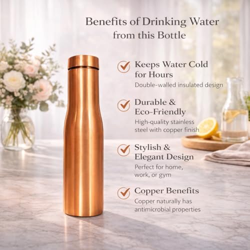 Image of JAIPUR ACE Hammered Pure Copper Water Bottle with Glass Set | 100% Copper Bottle Set | Leak Proof, Ayurvedic Health Benefits, Premium Design Gift Set for Home, Office, Gifting (Plain Copper bottle)