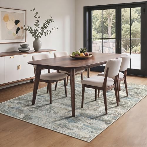 Image of BEIMO Area Rugs 5x7 for Living Room Bedroom, Modern Abstract Machine Washable Rug, Large Soft Low Pile Floor Carpet with Non Slip Backing for Dining Room, Blue /Taupe