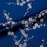 Shanghaipop Chinese Embroidery Flower Satin Fabric Plum Blossom Faux Silk Jacquard Brocade Fabric for DIY (Navy Blue, Sold by Meter)