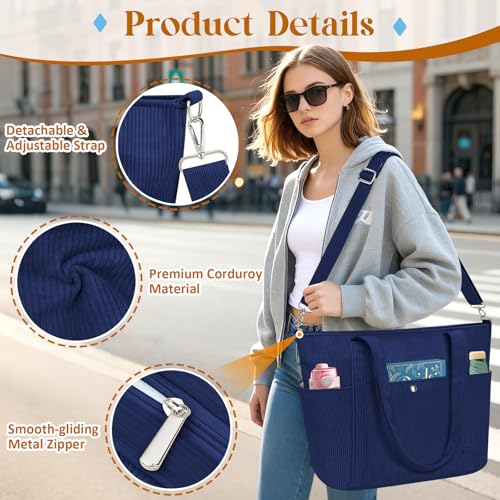 WACCET Sac a Main Femme en Velours Côtelé, Sac Fourre Tout Femme avec Fermeture Éclair et Bandoulière Réglable Grande Capacité Sac Cabas pour Travail, Voyage, et Usage Quotidien – vue 6