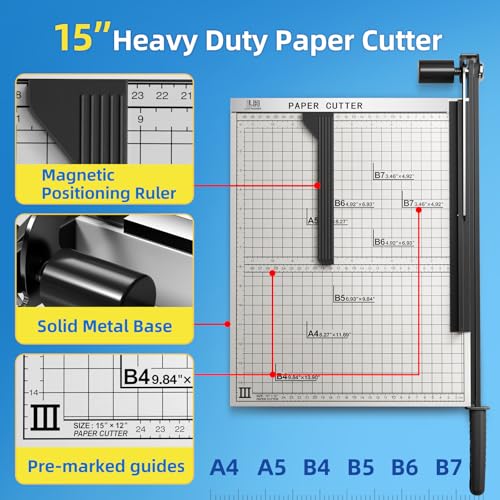 15 Inch B4 Guillotine Paper Cutter, Heavy Duty 10-Sheet Trimmer for Documents & Cardstock with Auto-Press Clamp & Magnetic Ruler | Precision Cutting for Photos, Vinyl & Craft Mater image 4
