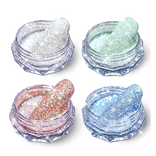 4 Pots/Set Holographic Nail Powder, Nail Mirror Sparkling Diamond Effect Powder, Chrome Pigment Dust Shining Nail Powder, Nail Art Decoration DIY Accessory