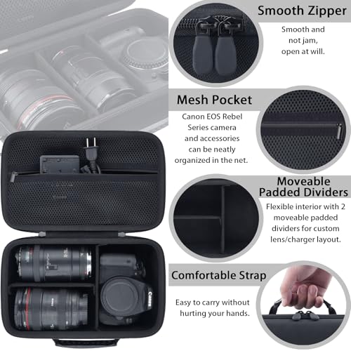 Khanka for Canon EOS Rebel 2000D/4000D/1300D/R50/R100/R5/R7/R8/R6 Mark II/250D DSLR Camera Hard Carrying Case,Travel Protective Cover for Canon EOS Camera and 18-55mm/18-45mm Lens,Case Only (Black) - Image 5
