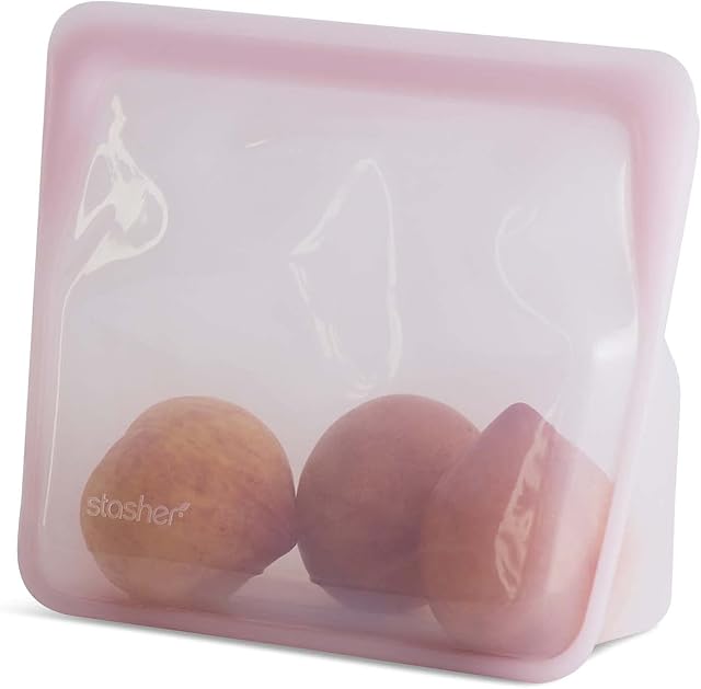 Stasher Silicone Reusable Storage Bag, Stand-Up Mid (Pink) | Food Meal Prep Storage Container | Lunch, Travel, Makeup, Gym Bag | Freezer, Oven, Microwave, Dishwasher Safe, Leakproof