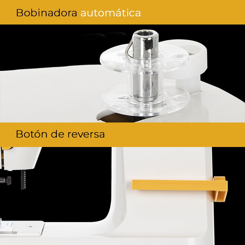 Máquina de Coser Mini Compacta EFFEKTIV 15 Puntadas, 27 × 30 cm, Estructura Metálica, Lanzadera Horizontal, Enhebrador Automático, Para Todo Tipo de Telas, Mesa Extensible