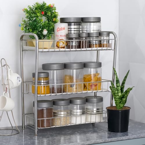 Image of 3-Tier Stainless Steel Kitchen Storage Rack, Multi-Purpose Organizer Shelf, Spice Jars Stand, Counter Organizer for Pantry Storage, 52x40x20, Silver