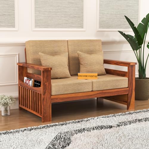 Image of Sheesham Wooden 2 Seater Sofa for Living Room | Rosewood 2 Seater Cushion Sofa Side Half Moon Rack | Solid Wood Sofa Set for Lounge (2 Seater,Honey)