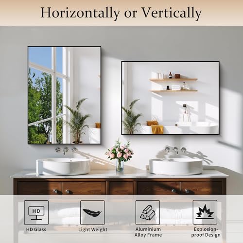 Image of COFENY Black Bathroom Mirror for Wall, 24x32 Inch Rectangle Mirror with Metal Frame, Modern Vanity Mirrors for Bathroom Living Room, Entryway Hangs Horizontal or Vertical