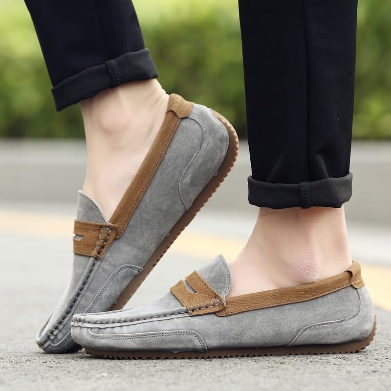 Mens Loafers Round Toe Faux Leather Patchwork Suede Vamp Penny Loafers Lightweight Flat Heel Anti-Slip Casual Slip-ons4