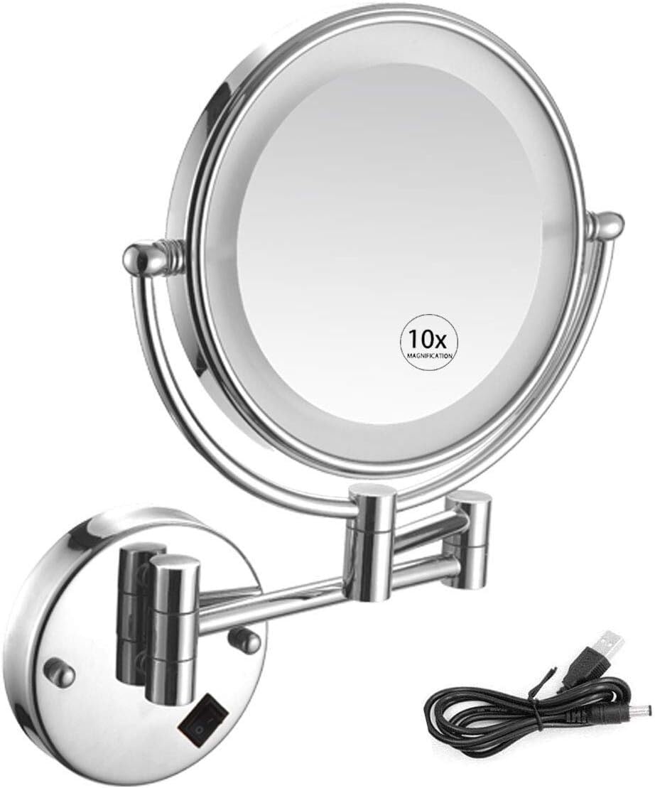 Clearlin Wall Mounted Lighted Vanity Mirror 8 Inch 1X/10X Magnifying Makeup Mirror Bathroom Magnifying Mirror