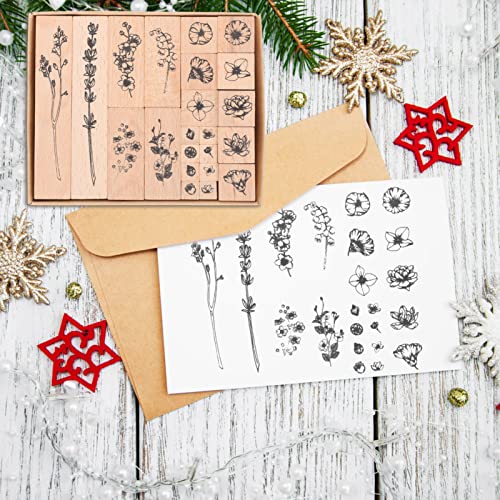 SEWACC 22 peças de carimbos de borracha de madeira vintage para plantas flores decorativas de madeir