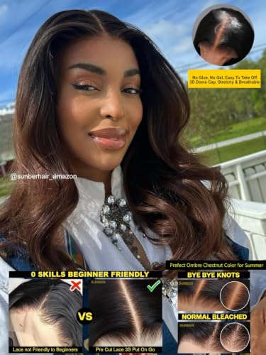Image of Sunber Yaki Straight Ombre Chestnut Human Hair Wigs with Drawstring 16inch