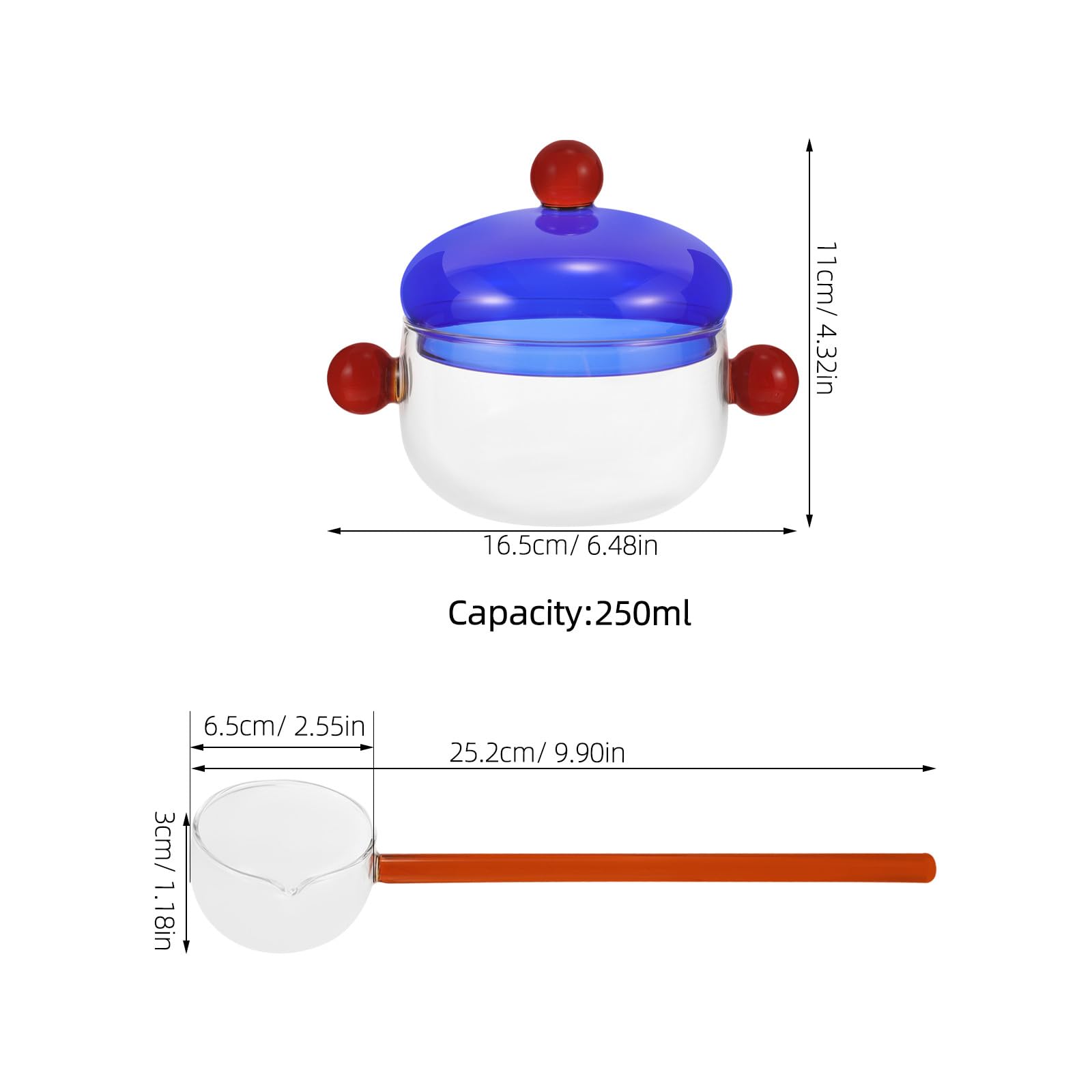 Transparenter Glasbehälter mit Deckel und Löffel 250ml Mikrowellengeeignet mit Doppelgriff für Einfache Kochbeobachtung und Vielseitigen Küchengebrauch