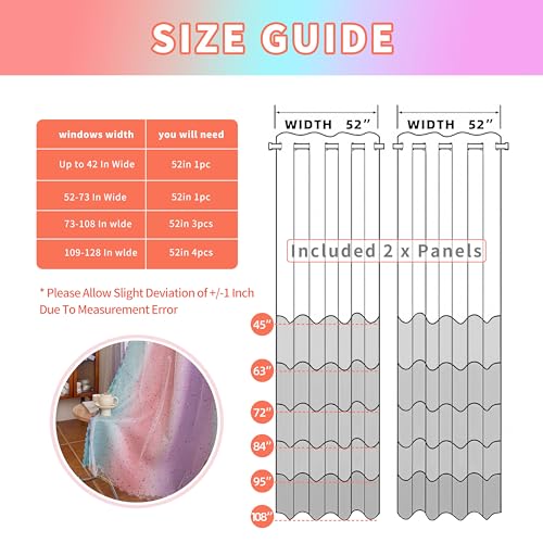 Image of 52x45 2-in-1 Double-Layer Kids & Girls Unicorn Princess Ombre Blackout Curtains with Foil Print Sheer, 2 Panels Set - Purple Green Pink