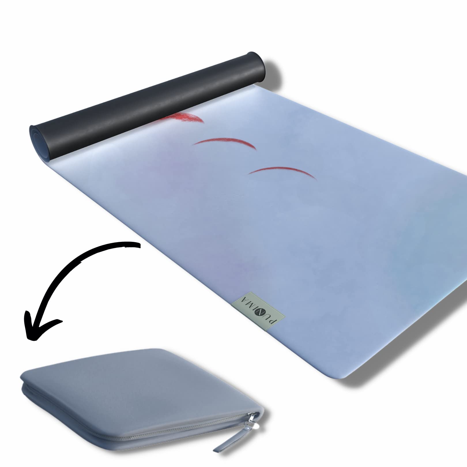 PUNIMA RPET Travel Yogamatte, 2 in 1 Yogamat + Handtuch, extra dünn (0,1 cm dick, 1,4 kg leicht), faltbare Reise Yoga Matte, Vorderseite aus recycelten Plastikflaschen & Rückseite Naturkautschuk