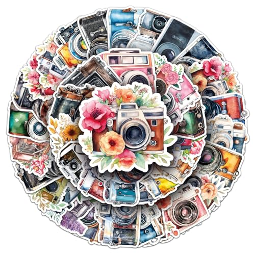 50Pcs Vintage Camera Stickers Pack, Photography Camera Aesthetic Waterproof Vinyl Stickers and Decals for Scrapbook Laptop Guitar Luggage Phone Case Bike, Teens Adults Kids Gifts (Colours-L7)