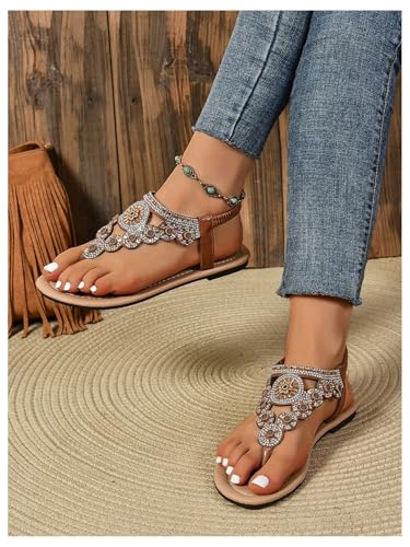 GORGLITTER Women's Rhinestone Boho Summer Western Sandals Glitter Thong Flip Flops Trendy 2025 T-strap Beach Sandals4