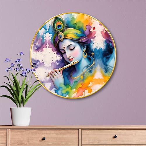 Image of SAF Colorful Lord Krishna with Flute Wall Painting - Spiritual Round Golden Frame Artwork | Hindu Religious Decor for Living Room, Bedroom, Pooja Room | Divine Indian Art (16 X 16 Inch) GRM-291