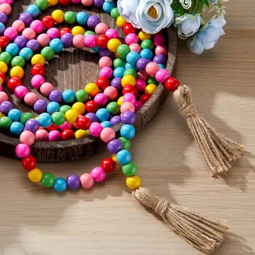 Image of Equsion Wooden Bead Garland with Tassels, Extra Long Fireplace Wood Bead Garlands Rustic Farmhouse Vintage Boho Beads Garland for Party Home Decor Tiered Tray Decorative Beads(Candy Colors)
