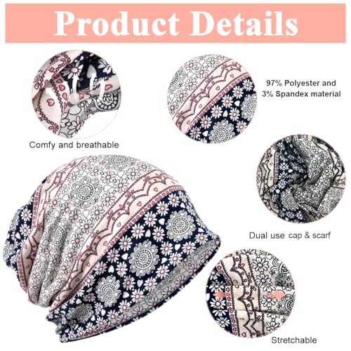 Image of PALAY Hijab Caps for Women, Floral Print Chemo Cap Slouchy Beanie Cap for Women, Fashion Skull Dwarf Hats Head Scarf for Women, Soft Stretch Running Head Scarves for Teen Girls - All Season Use