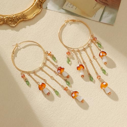 Colorful Boho Tassel Hoop Earrings Mushroom Leaves Dangle Earring for Women4