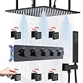 NPYSVSSS Luxury Shower System 16 Inch Black Full Body Thermostatic Shower System with Flow-Adjustable Body Jets, Rain Fog Overhead Shower and Handheld Spray, All Functions Can Work Simultaneously