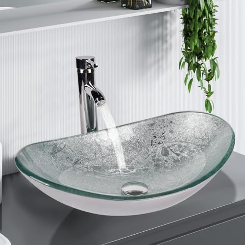 YU YUSING Ensemble Complet- Lavabo Ovale en Verre avec Robinet, Vasque à Poser, Lave-Mains, pour Salle de Bain, Cuisine, Toilette, WC d'invités, Argenté...
