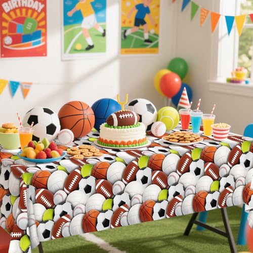 Image of Gatherfun Sports-Themed Party Pack: 2-Pack Boys Birthday Decorations, Disposable Plastic Tablecloth for Sports Birthday Party Decorations,54 x 108 Inches