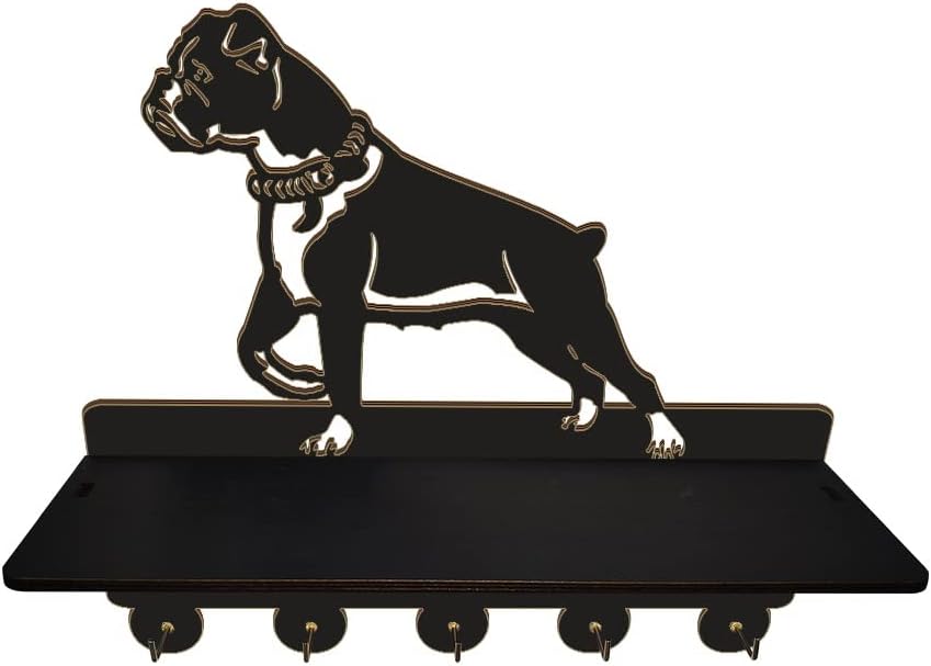 The Geeky Days Key Holder for Wall, Boxer Dog Wooden Wall Mounted Hat Coat Rack with Mail Medal Organizer Shelf, 5 Metal Hooks Hanger, for Closet Door Hanging for Puppy Lover Gift