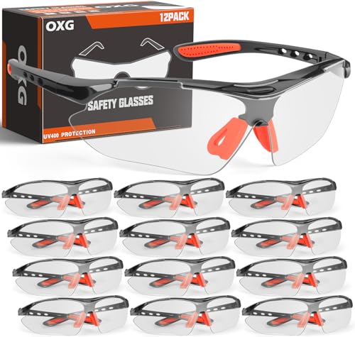 OXG 12 Pack Safety Glasses Bulk Pack ANSI Z87.1, Protective Eyewear for Men Women, UV Protection Scratch Resistant Wrap Around Safety Glasses for Construction, Woodworking, Manufacturing