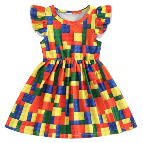 Toddler Baby Girls Dress Flutter Sleeve Multicolored Building Blocks Milk Silk Casual Ruffle Pleated Dress