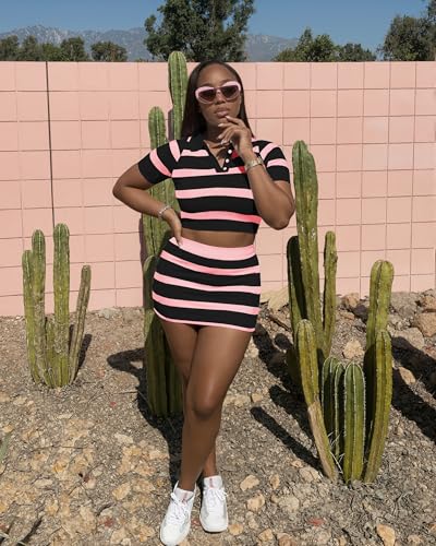 Image of HBQ Women's Casual 2 Piece Skirt Sets Polo Collar Crop Top Striped Mini Dress Summer Vacation-Stripe