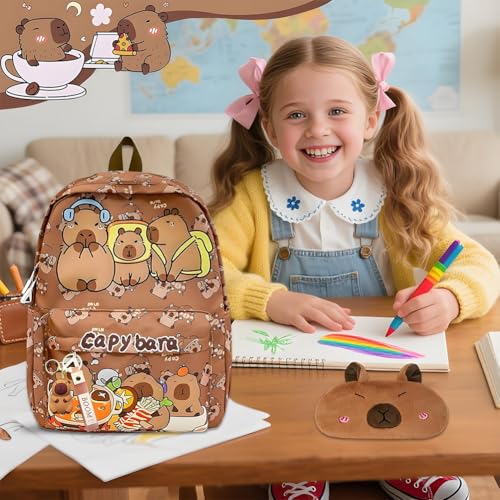 Miniatura 5 de Cygmrfh Capybara Backpack Kids, Mochila Escolar Schoolbag Gran Capacidad, Estuche De Capybara, Llaveros Pvc Portalápices, Regalo Ideal Para Niños Y Estudiantes